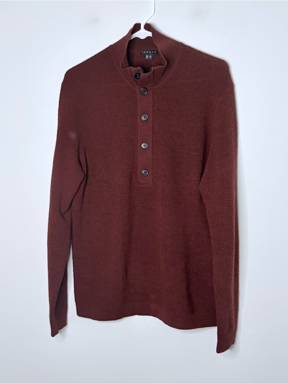 Theory Merino Wool Polo Sweater Mens M Burgundy Preppy Classic Luxe Academia